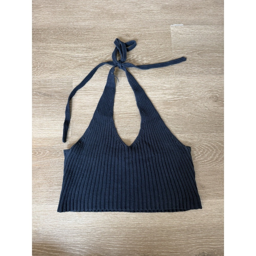 LA Hearts Navy Blue Ribbed Halter Cropped Tank Top Womens Size Medium